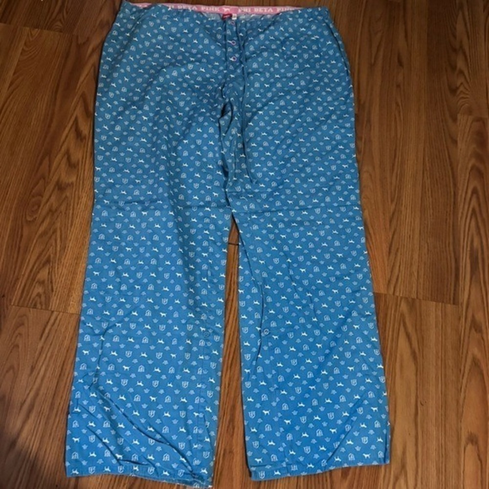 PINK Victoria Secret Royal‎ Pink Blue Logo Patterned Pajama Pants Size L Lounge